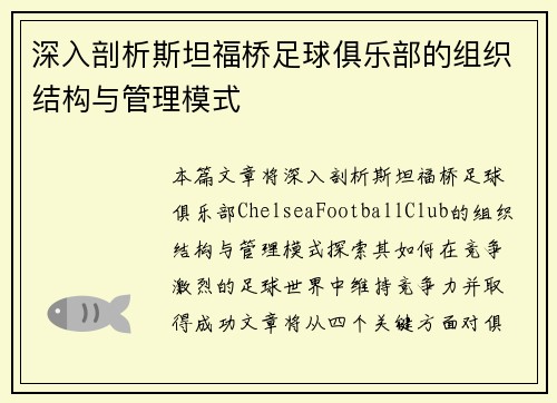 深入剖析斯坦福桥足球俱乐部的组织结构与管理模式